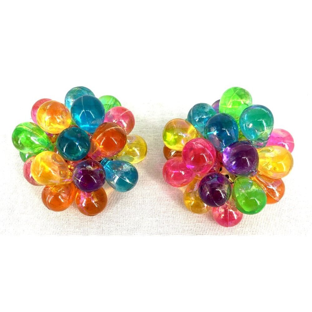 Lucite Earrings Multi Colored Bubbles Cluster Clip-On Jewelry 1.5" Vintage